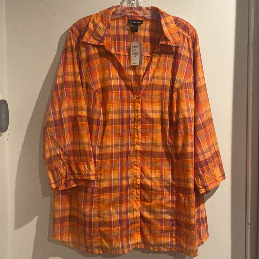 NWT LANE BRYANT PINK ORANGE PLAID BLOUSE SIZE 26/28